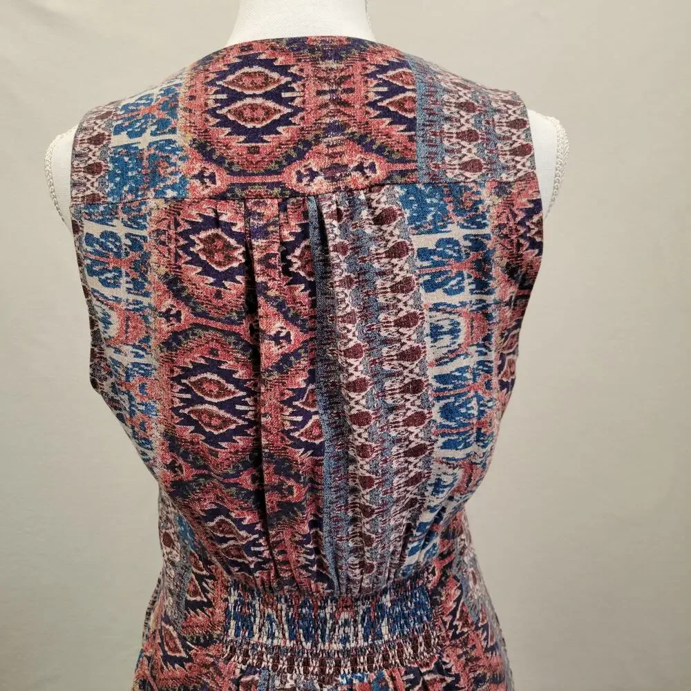 Lucky Brand Dress Women's Medium Sleeveless Smocked Waist Pockets Boho Aztec - Picture 5 of 13